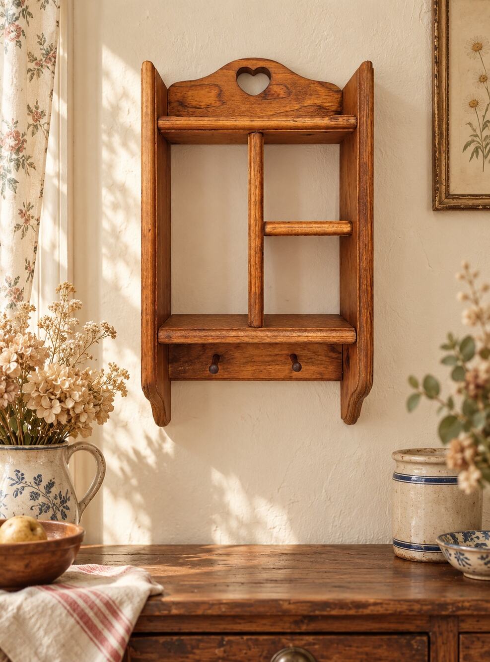 Wooden Heart Cutout Wall Trinket Shelf 2 Pegs Country Cottage Grandma Farmhouse